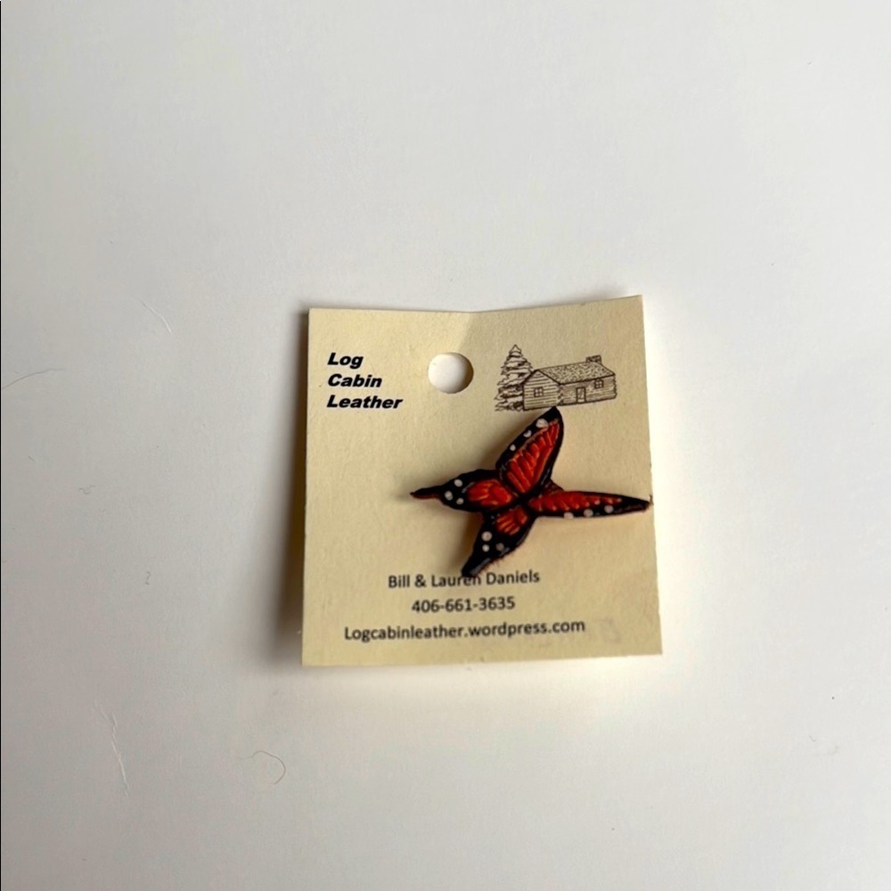 NWT Handmade Log Cabin Leather Orange and Black Monarch Butterfly pin brooch